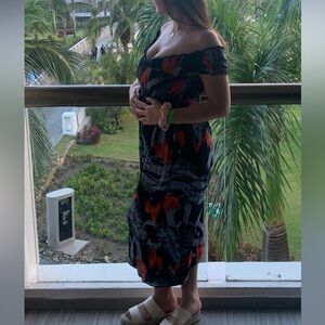 Patrons of Peace Black Off-Shoulder Midi Dress with Red Floral Print